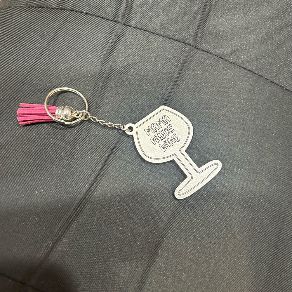 Silver Wine Glass Keychain with Pink Tassel